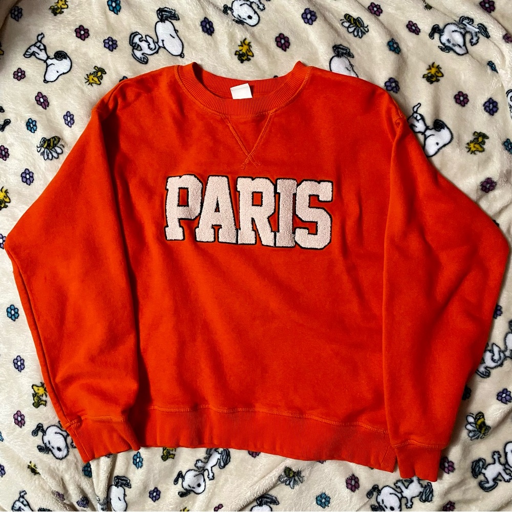 Women’s Orange Crewneck with Textured “Paris” Lettering Sweatshirt XS